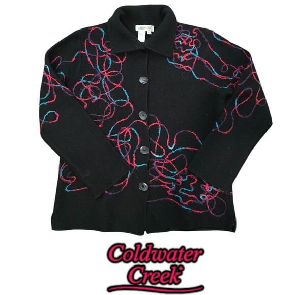 Coldwater Creek Women Black 100% Wool Buttons Long Sleeve Casual Sweater PS - Picture 1 of 6
